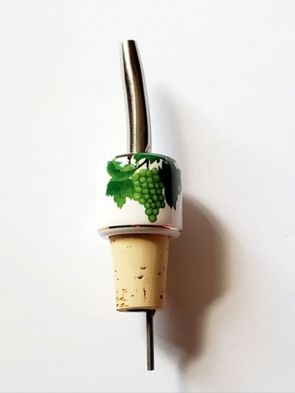 Ceramic Cork Bottle Stopper with Metal Spout - Grape Leaves Design
